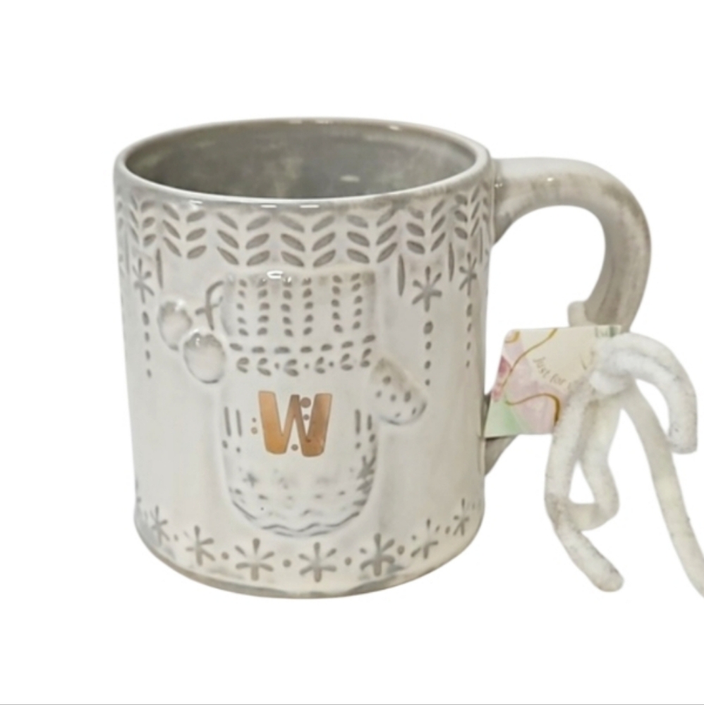 Anthropologie Christmas gift  snowflakes mitten ceramic intial W mug NEW